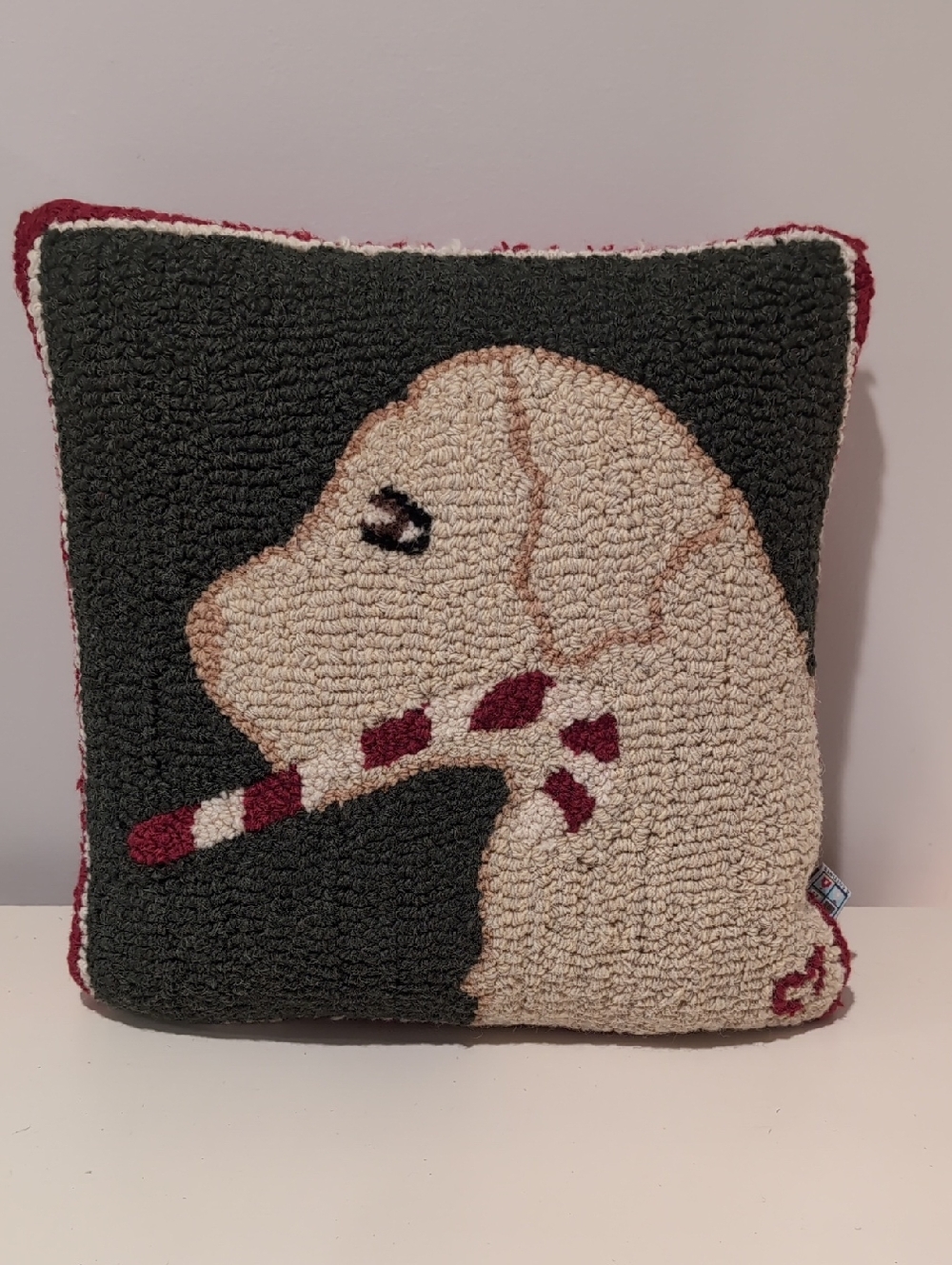 Holiday Yellow Labrador Dog Holding A Candy Cane Hooked Pillow